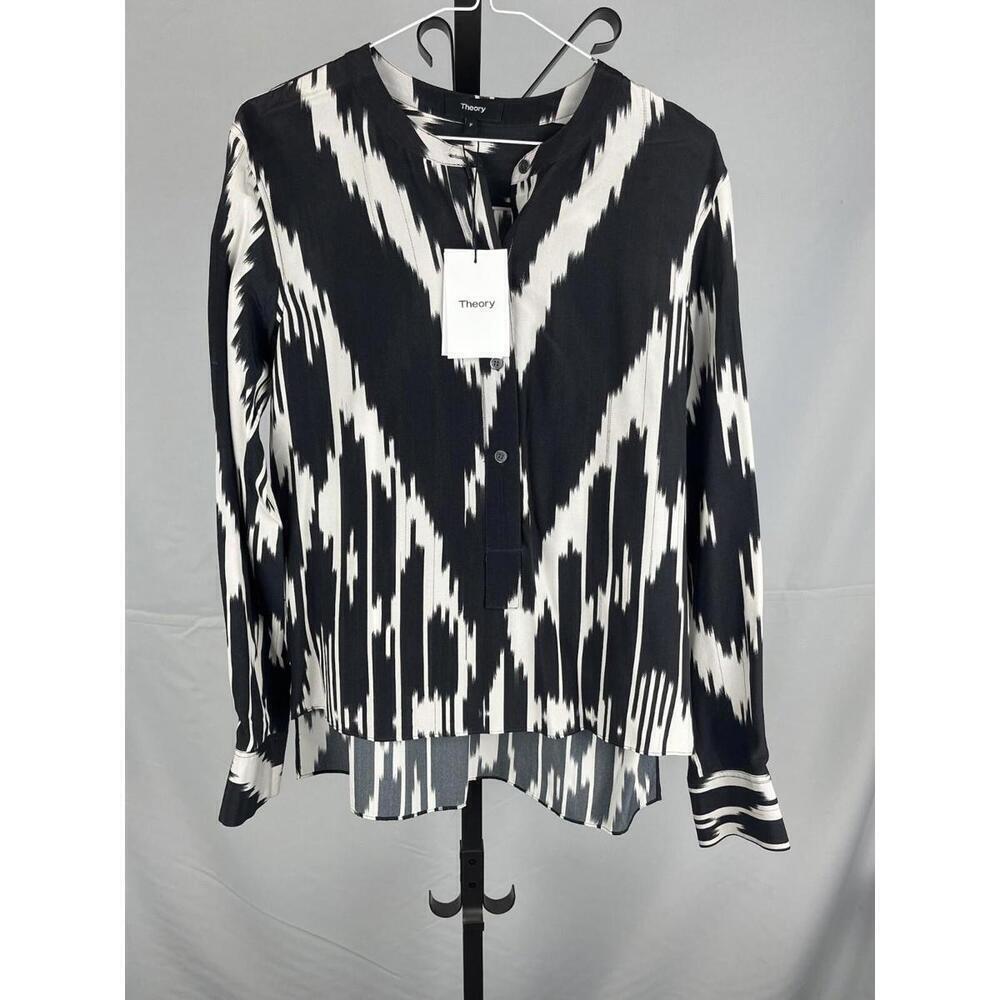 Theory Isalva Geometric Print Blouse Long Sleeve Shirt Silk Black Size XS US 0